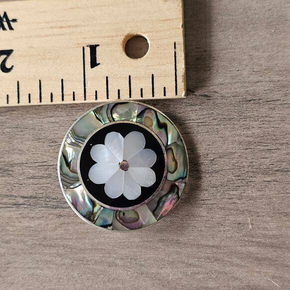 Vintage Alpaca Silver Abalone & Mother of Pearl Round Flower Brooch and Pendant - Picture 2 of 5